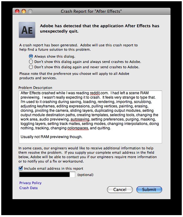 Crash Report für Adobe After Effects
